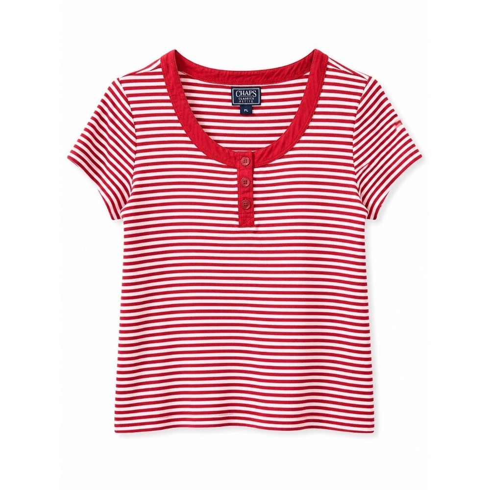 Chaps Classics Petite Womens Red White Stripe Henley‎ Tee Shirt Top PL